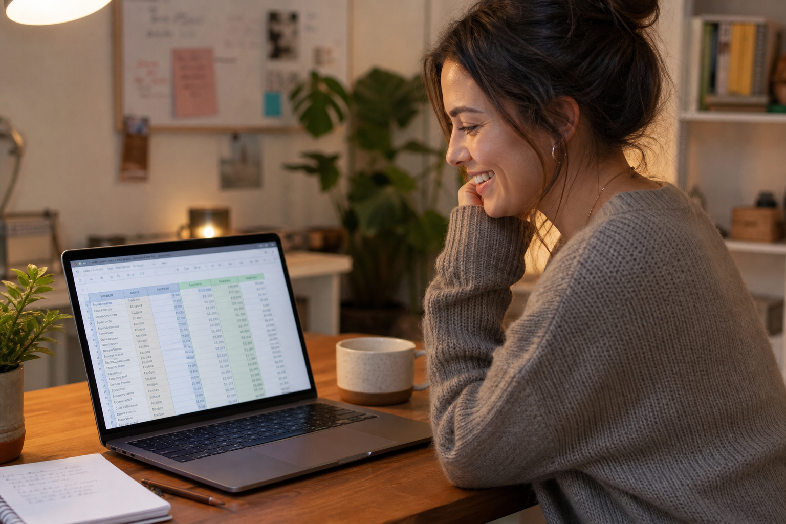 Business owner smiling at laptop